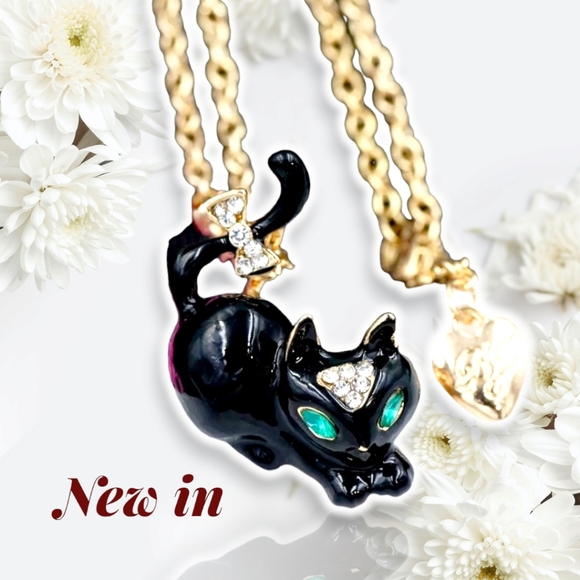 2 new gold plated black-and-white green crystal cat bow necklace/brooches - Picture 7 of 16